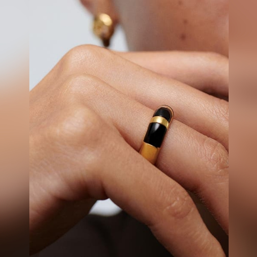 Monica Vinader Gold Vermeil Ring with Onyx.Kate Young Striped Gemstone Stacking. - Picture 3 of 8